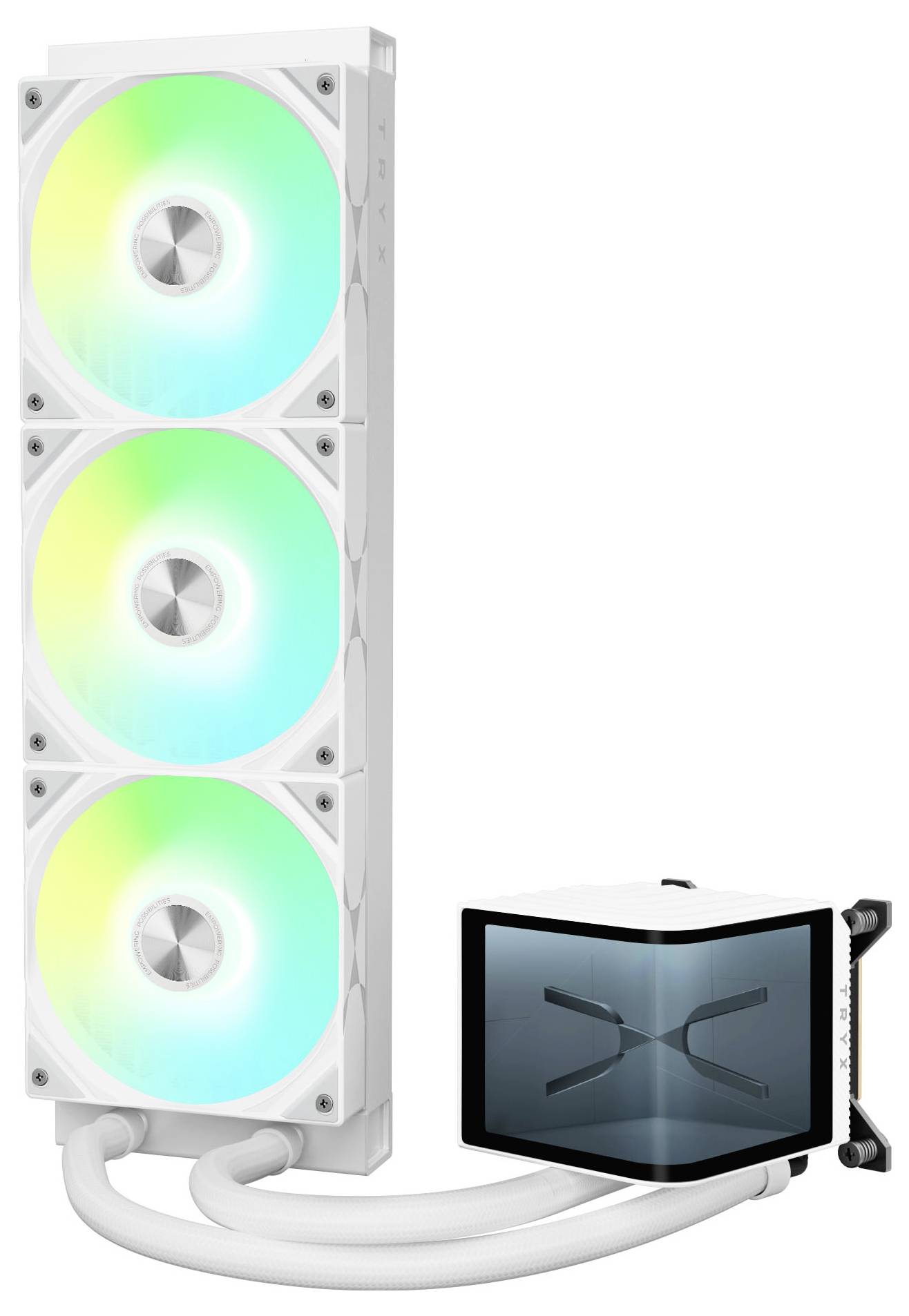 Biely počítačový systém kvapalinového chladenia s tromi osvetlenými ventilátormi a radiátorom, s jemným zeleným a modrým osvetlením.