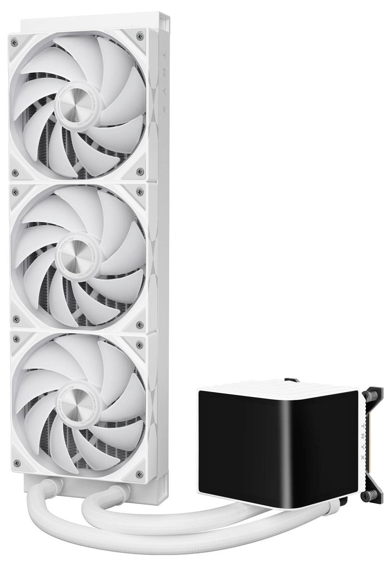 Biely systém kvapalinového chladenia počítača s tromi ventilátormi a čiernym blokom čerpadla. Vhodný pre vysoko výkonné procesory alebo grafické karty.
