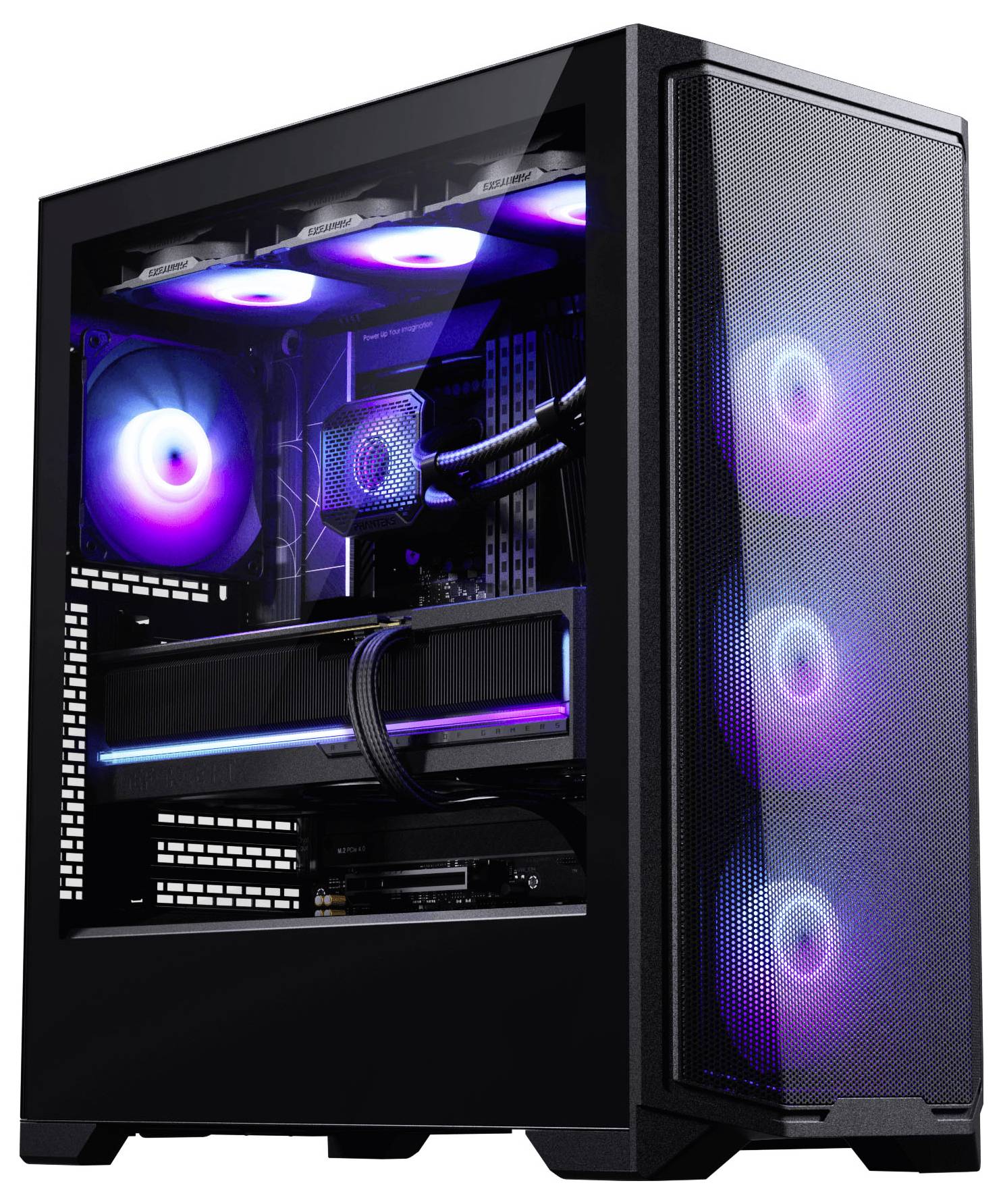 Čierny počítačový kryt s priesvitným bočným panelom, ktorý odhaľuje vnútorné komponenty a svetielkujúce RGB svetlá chladiacich ventilátorov vo vnútri.