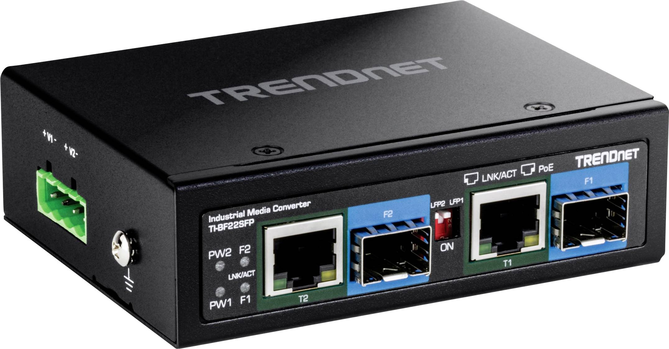 Priemyselný mediálny konvertor so značkou 'TRENDnet' na vrchu, vybavený dvomi sieťovými portami, jedným napájacím konektorom a LED indikátormi.