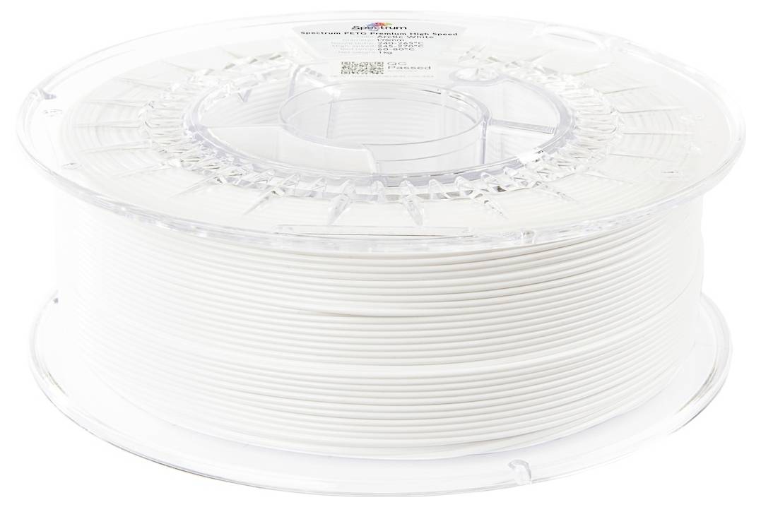 Čistá špulka bieleho 3D tlačového filamentu, označená produktovými detailmi a špecifikáciami.