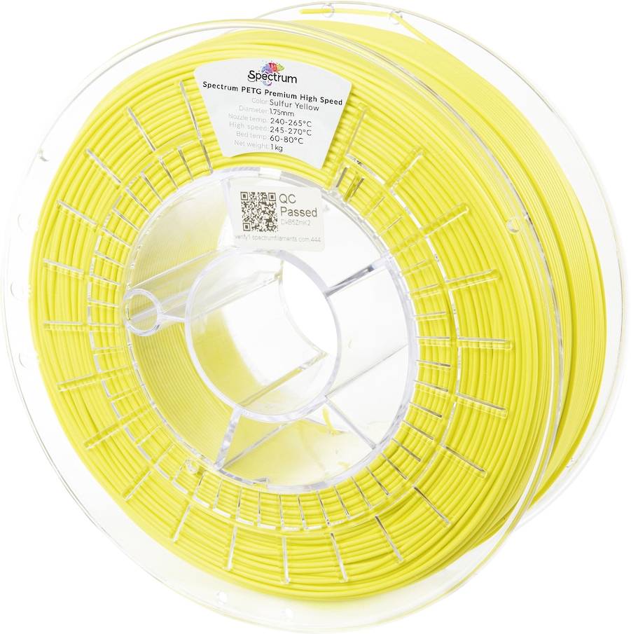 Špulka 3D tlačového filamentu 'Spectrum PETG Premium High Speed', sírovoažltý, 1 kg, vhodný pre teploty medzi 240-260°C.