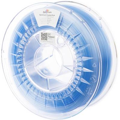 Špulka modrého 3D tlačového filamentu označená ako 'Spectrum Crystal PLA' s nálepkou 'QC Passed' na boku.