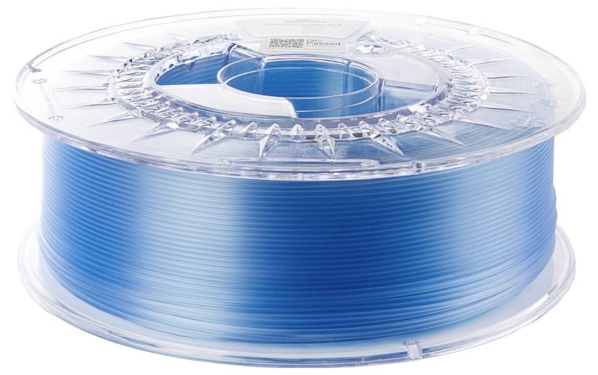 Špulka modrého 3D tlačového filamentu s priehľadným obalom, používaná na vytváranie objektov pomocou 3D tlačovej technológie.