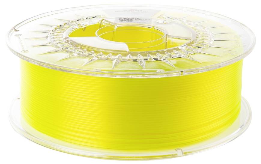 Špulka jasne žltého 3D tlačového filamentu, navitého a pripraveného na použitie.