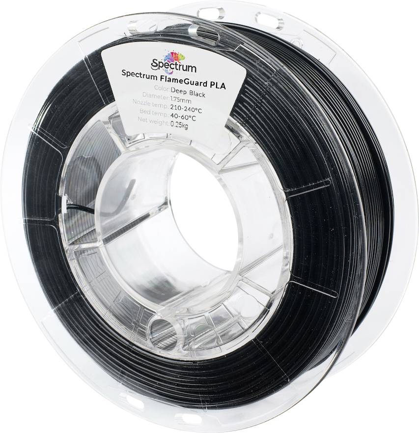 Cievka filamentu 'Spectrum FlameGuard PLA' pre 3D tlačiareň v hlbokej čiernej farbe, priemer 1,75 mm, s teplotným rozsahom tlače 190-240°C.