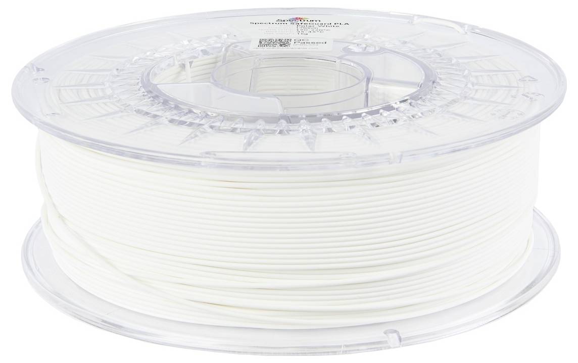 Čistá cievka bieleho 3D tlačového filamentu, pekne navinutá, pripravená na použitie v 3D tlačiarni.