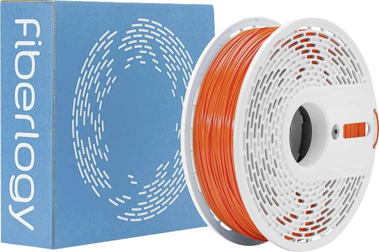 Oranžová cievka 3D tlačového filamentu vedľa modrého boxu s logom 'Fiberlogy', ktorý prezentuje typ filamentu a dizajn balenia.