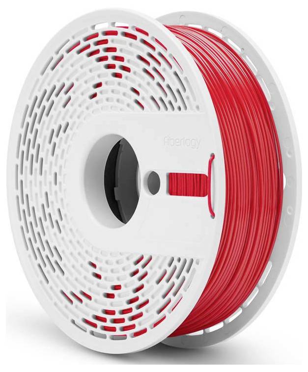 Červená cievka 3D tlačového filamentu na bielej špulke, určená pre použitie v 3D tlačiarňach.