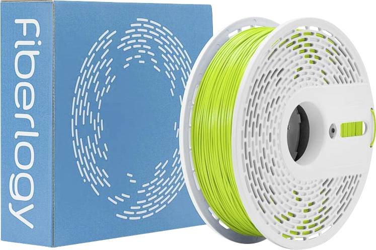 Špulka zeleného 3D tlačového filamentu vedľa modrého boxu označeného "Fiberlogy".