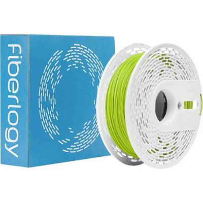 Špulka svetlozeného 3D tlačového filamentu označená nápisom "Fiberology" vedľa modrej škatule s bielym kruhovým dizajnom a textom "Fiberology".
