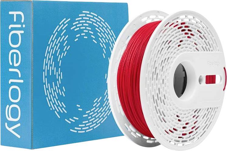 Špulka červeného 3D tlačového filamentu leží vedľa modrého obalu s nápisom „Fiberlogy".