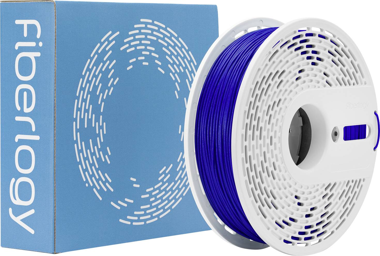Špulka modrej vlákna vedľa modrej škatule označenej „Fiberlogy", používanej pre 3D tlač.