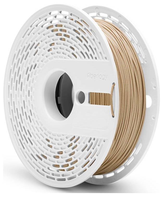 Cievka svetlohnedého 3D tlačového filamentu na bielej plastovej špulke, označená 'Fiberlogy,' pohľad z uhla.