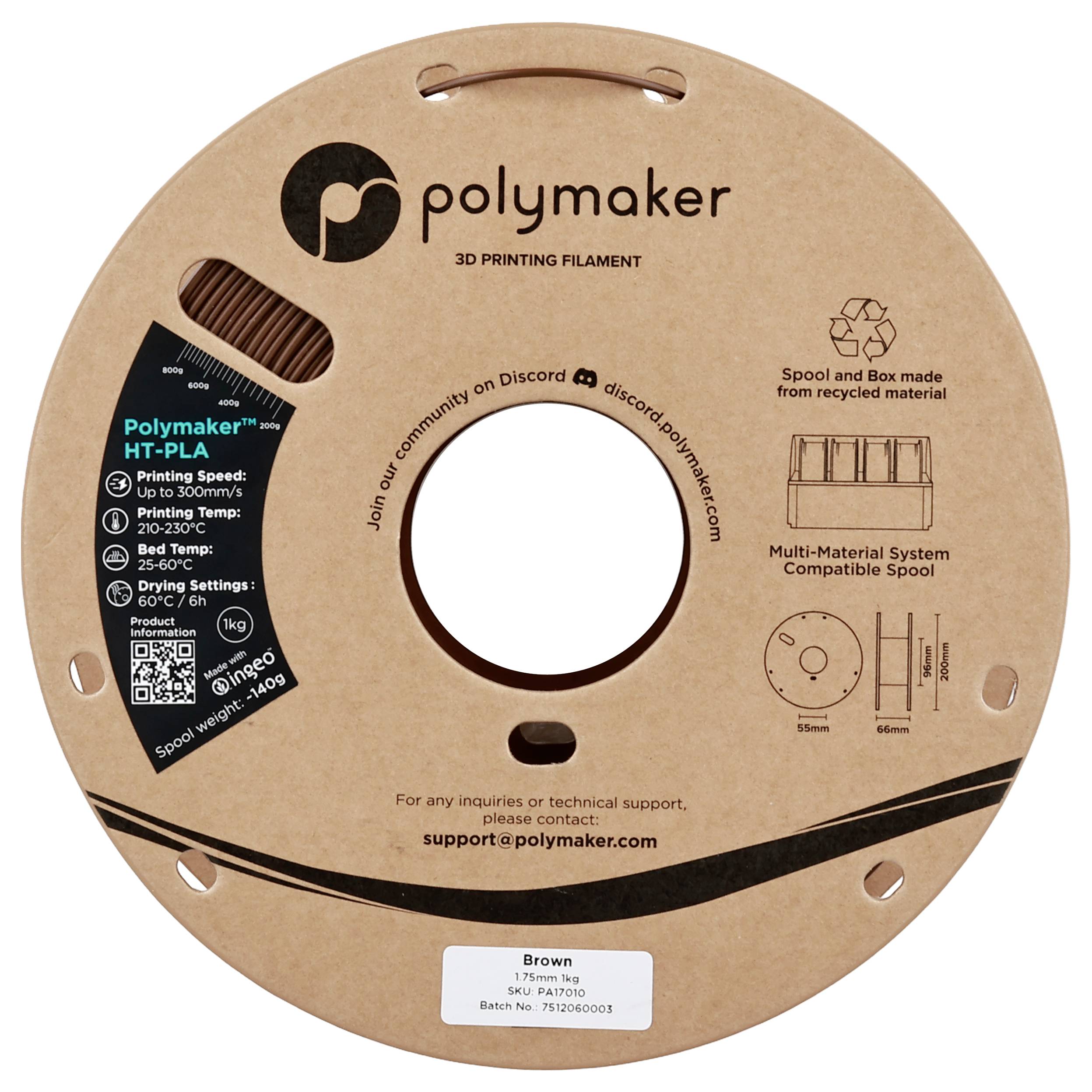Cievka hnedého 3D tlačového vlákna Polymaker vyrobená z recyklovaného materiálu, označená technickými špecifikáciami tlače a detailami kompatibility.
