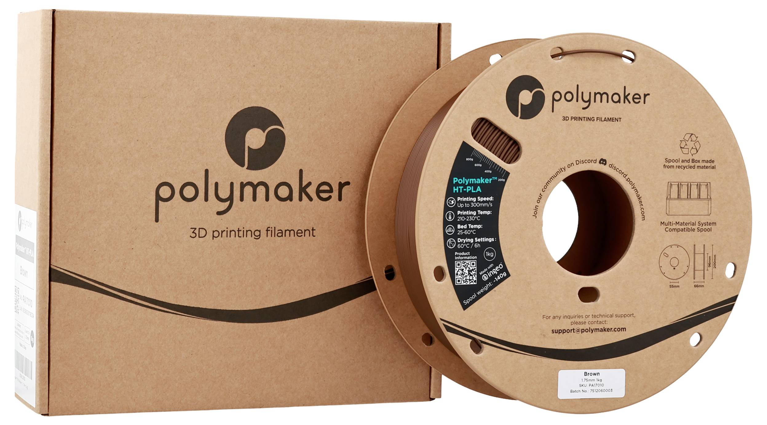 Filament 'Polymaker' na 3D tlač, cievka a krabica s informáciami o produkte a značením.