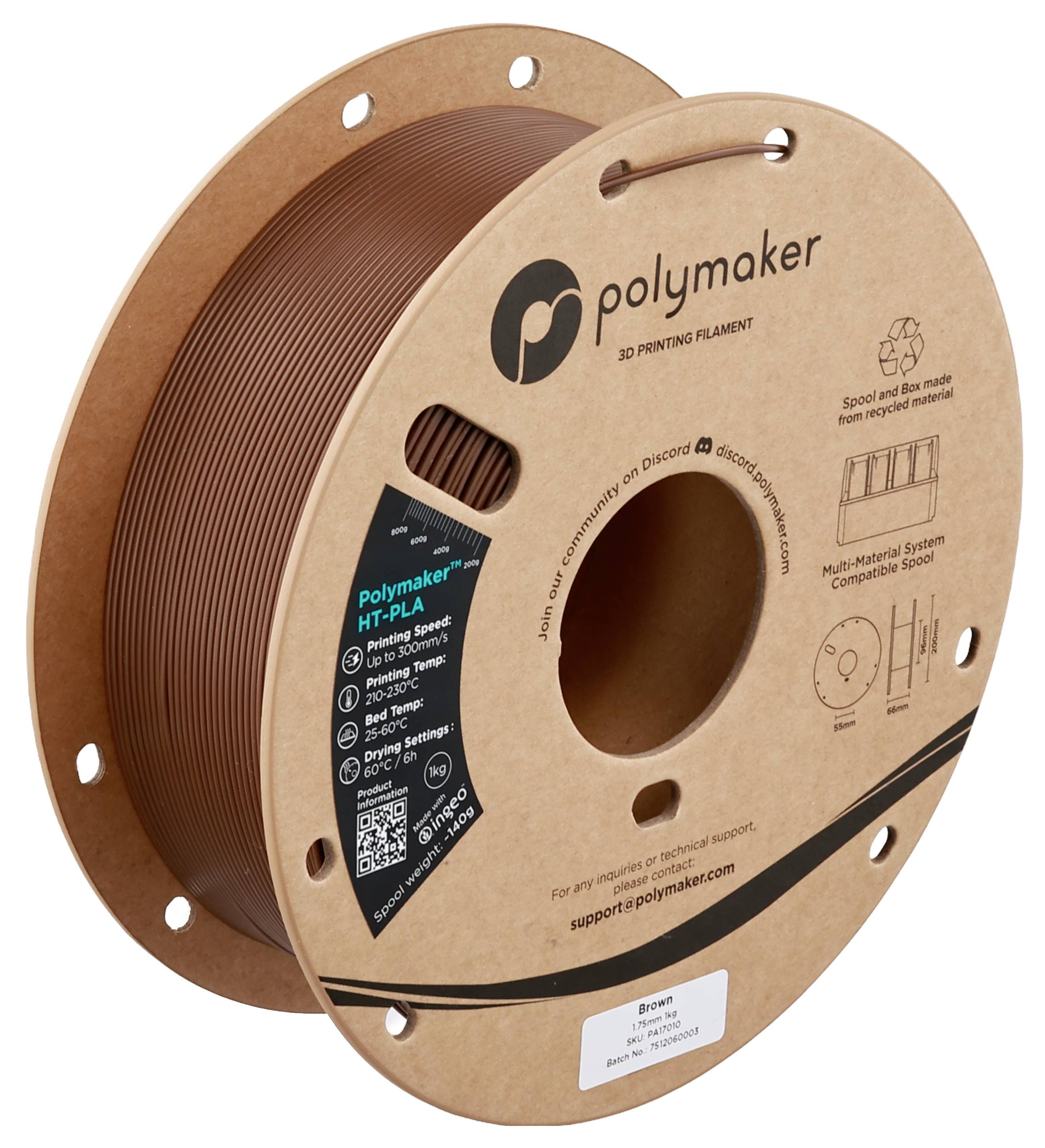 Cievka hnedého Polymaker HT-PLA 3D tlačového filamentu, označená informáciami o produkte a kontaktnými údajmi na podporu, vhodná pre viackompozitné systémy.