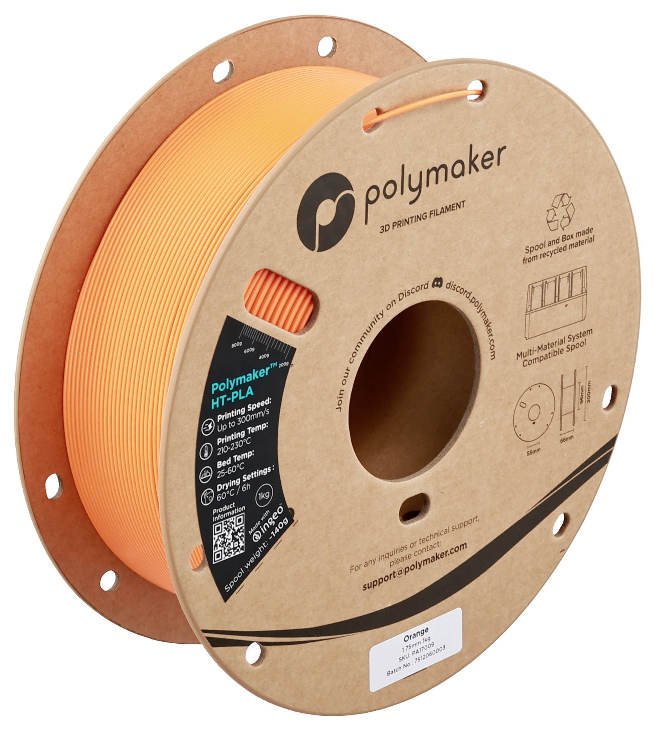 Cievka filamentu na 3D tlač Polymaker, oranžová farba. Etiketa obsahuje značku, typ produktu, technické detaily a QR kód.