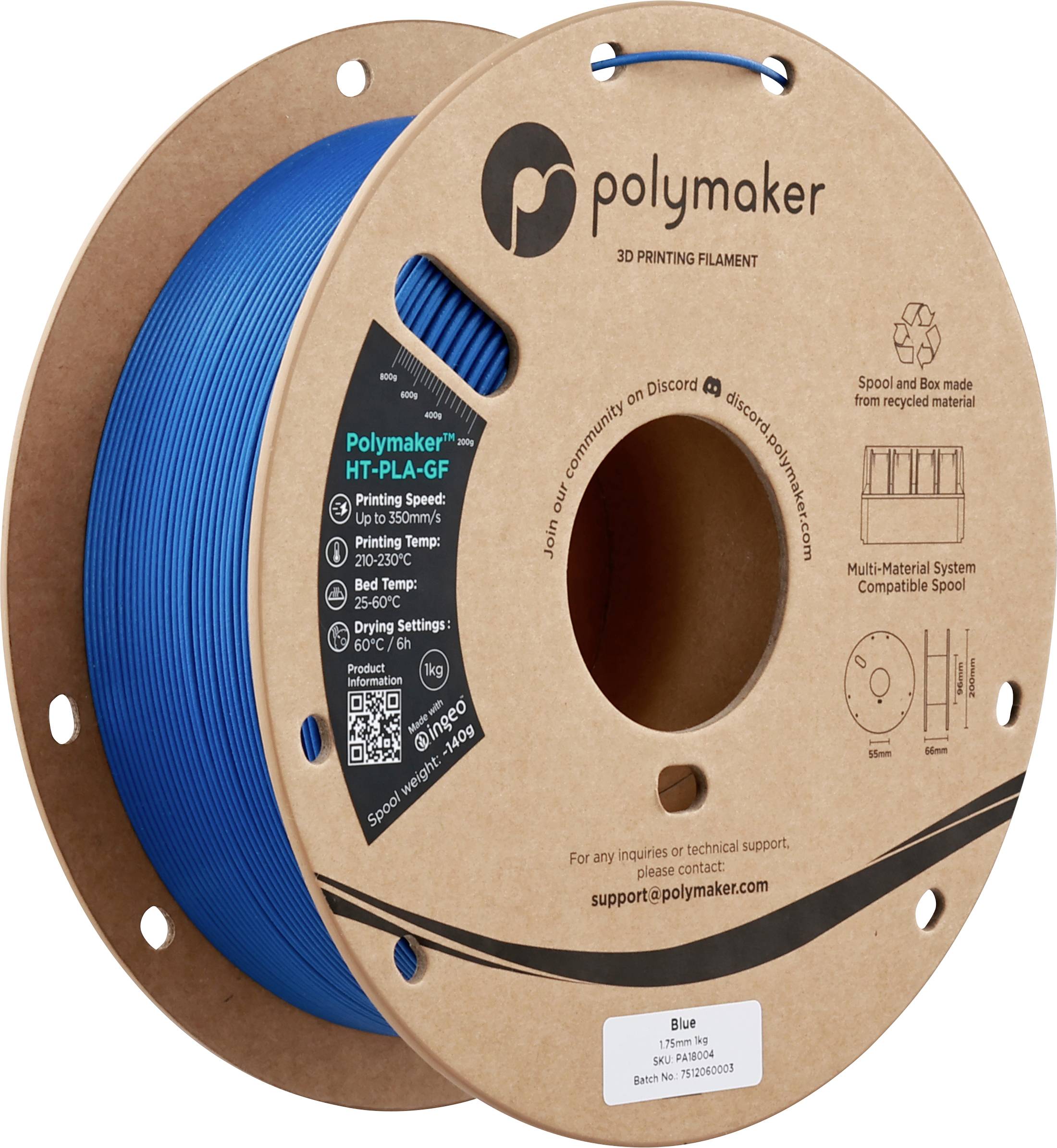 Cievka modrého filamentu Polymaker na 3D tlač, označená ako H-T-PLA-GF. Kľúčové špecifikácie zahŕňajú rýchlosť tlače 30-90 mm/s a teplotu trysky 210-240 °C.