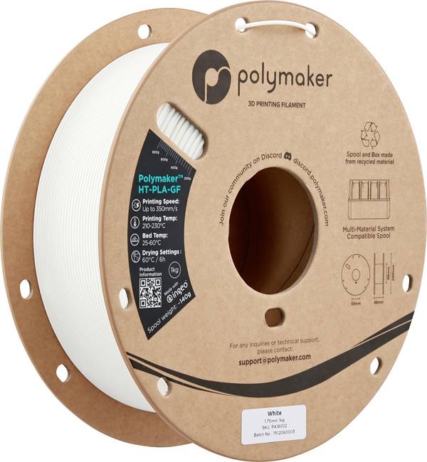 Polymaker PA18002 HT-PLA-GF vlákno pre 3D tlačiarne HT-PLA-GF Odolnosť voči vysokým teplotám, zosilnená sklenými vláknami, matná, filament pre vysokorýchlostnú 3D tlač 1.75 mm 1000 g biela  1 ks