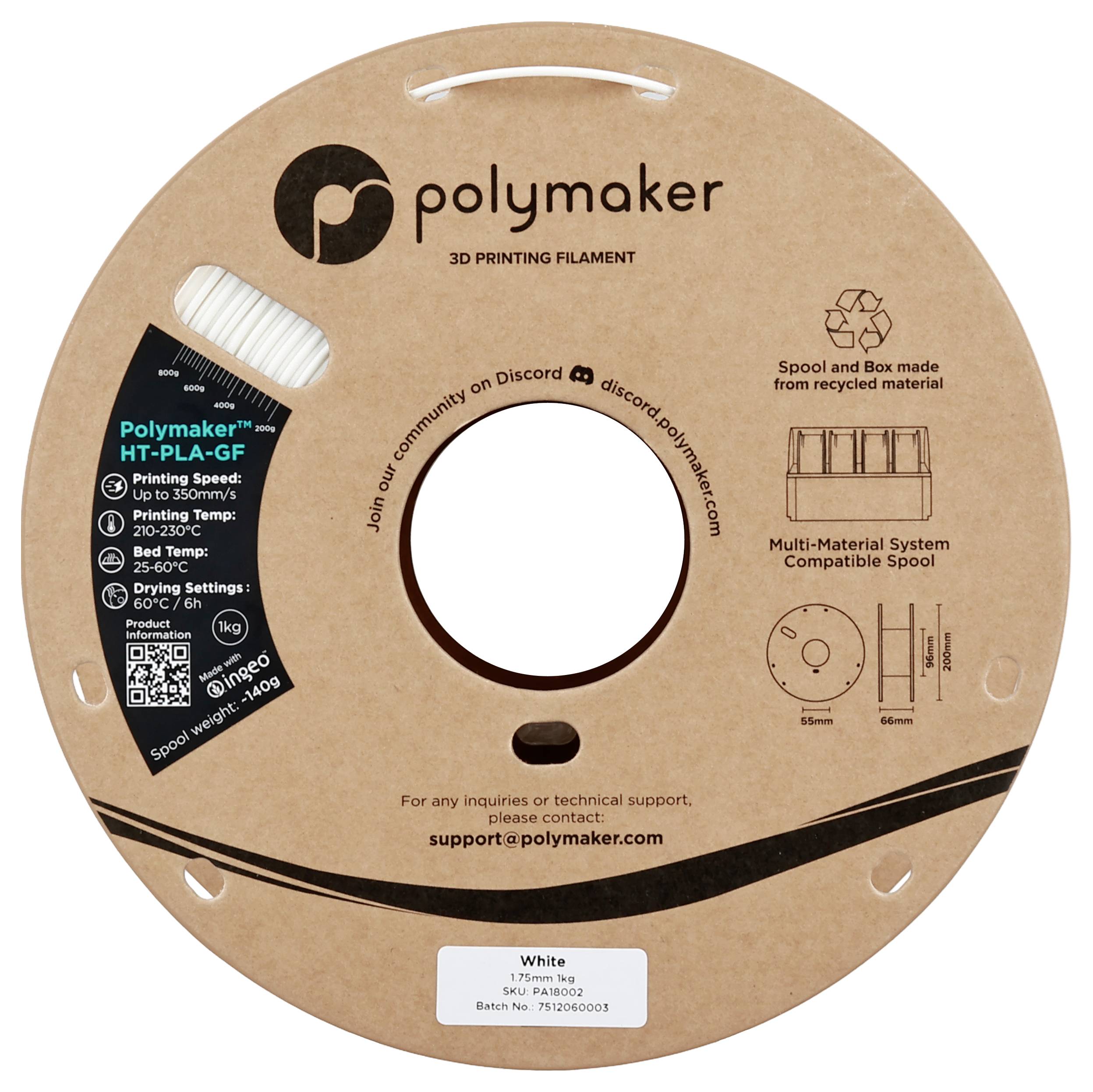Cievka vlákna Polymaker na 3D tlač, HT-PLA-GF, biela, 1,75 mm. Kompatibilná s multimaterialovými systémami. Vyrobená z recyklovaného materiálu.