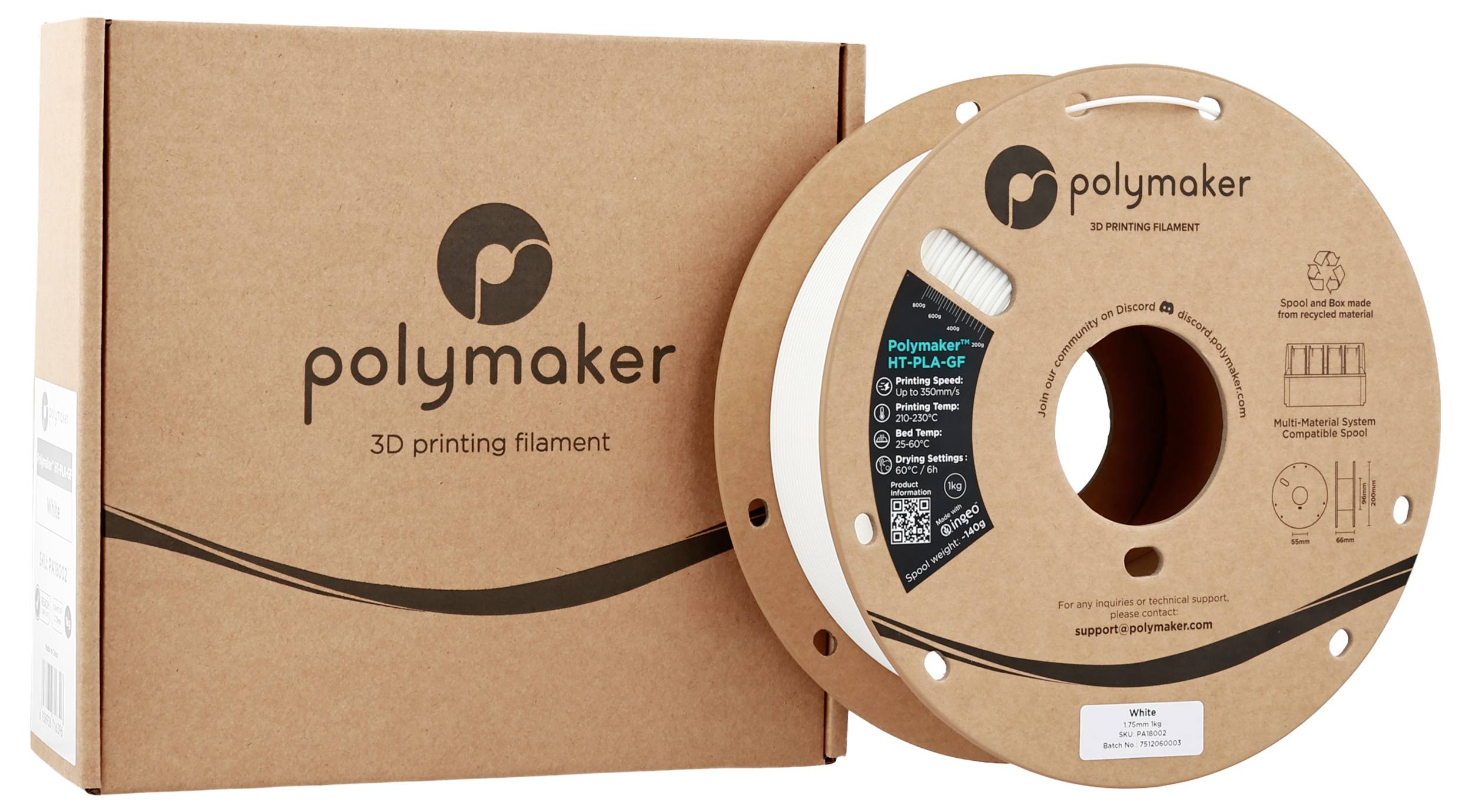 Polymaker filament na 3D tlač v hnedej špecializovanej embalážke s logom spoločnosti. Cievka obsahuje podrobnosti o produkte a je vhodná pre tlačiarne na filament.