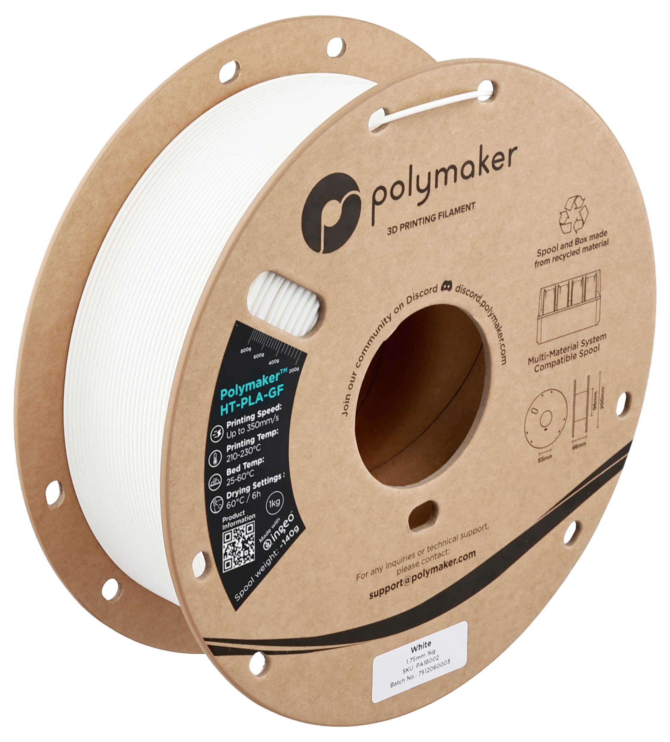 Cievka bieleho polyméru Polymaker HT-PLA-GF na 3D tlač s viditeľným značením a technickými detailmi na etikete.