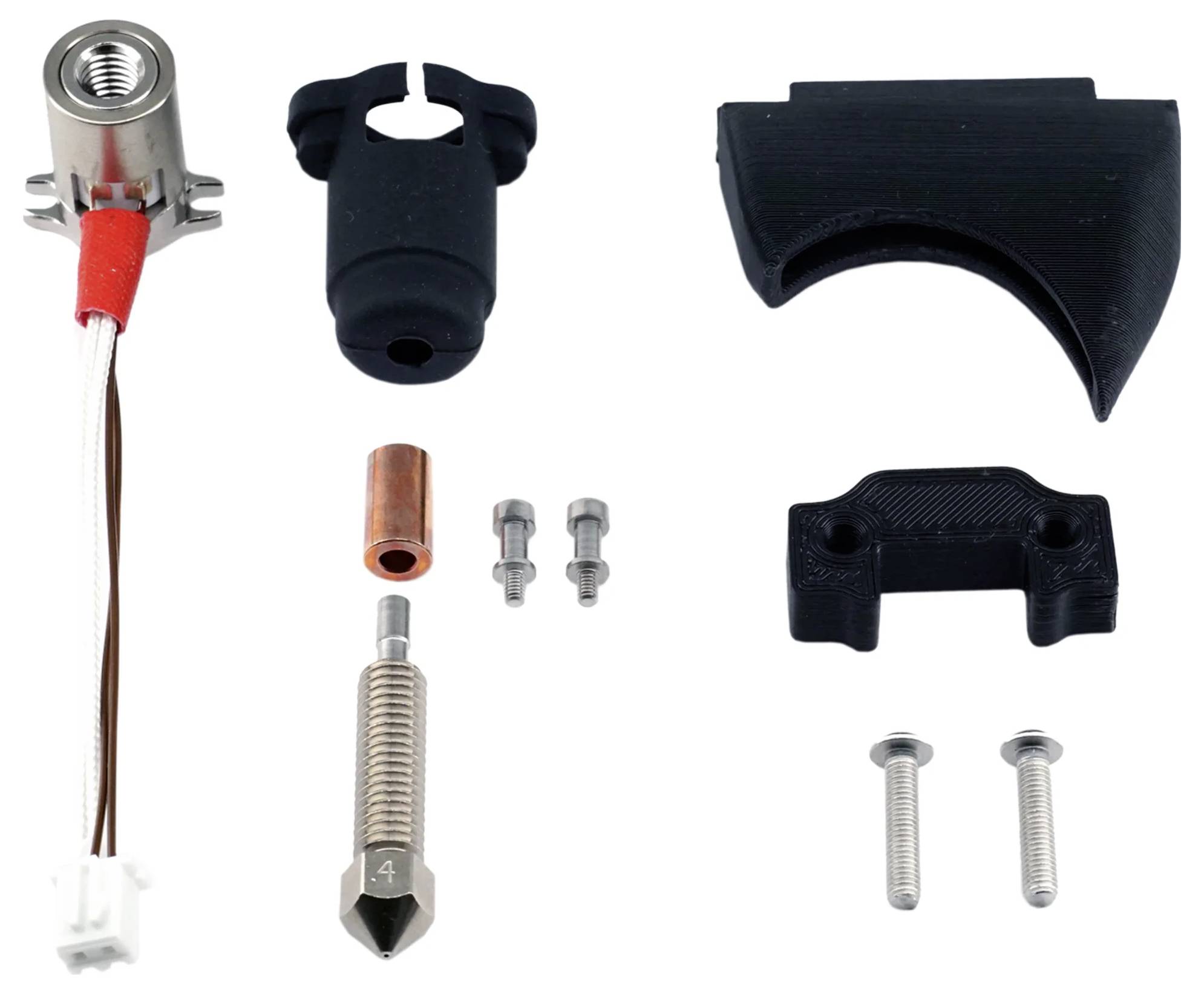 3D tlačiarenská hotend zostava so skrutkami, dýzou, tepelným chladičom a ochrannými krytmi, usporiadaná pre jednoduché rozpoznanie súčiastok.