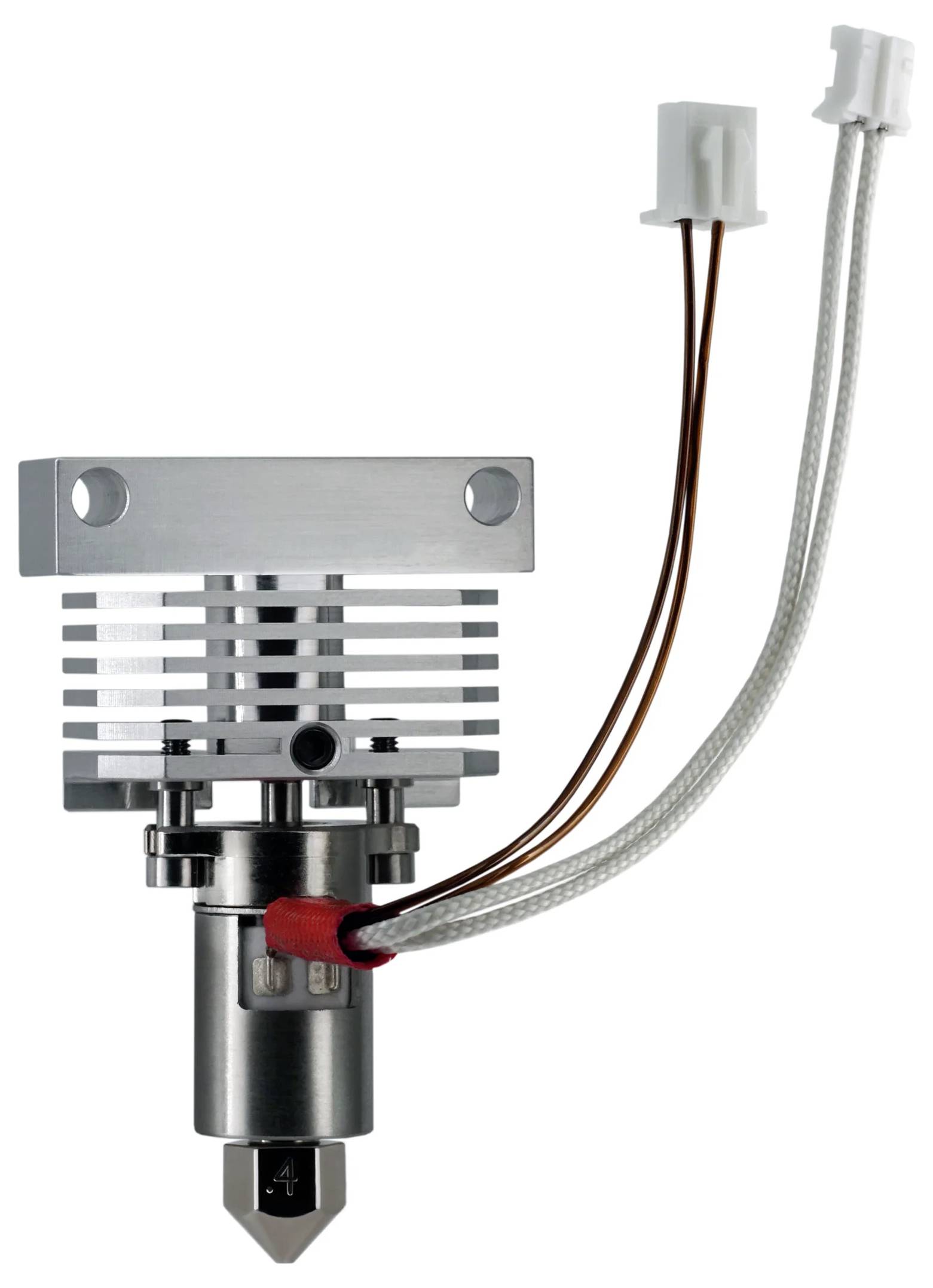 Kovový 3D tlačiarenský hotend s dvojitými vodičmi a konektormi, vybavený chladičom, tryskou a vykurovacím elementom pre presné vytláčanie filamentu.