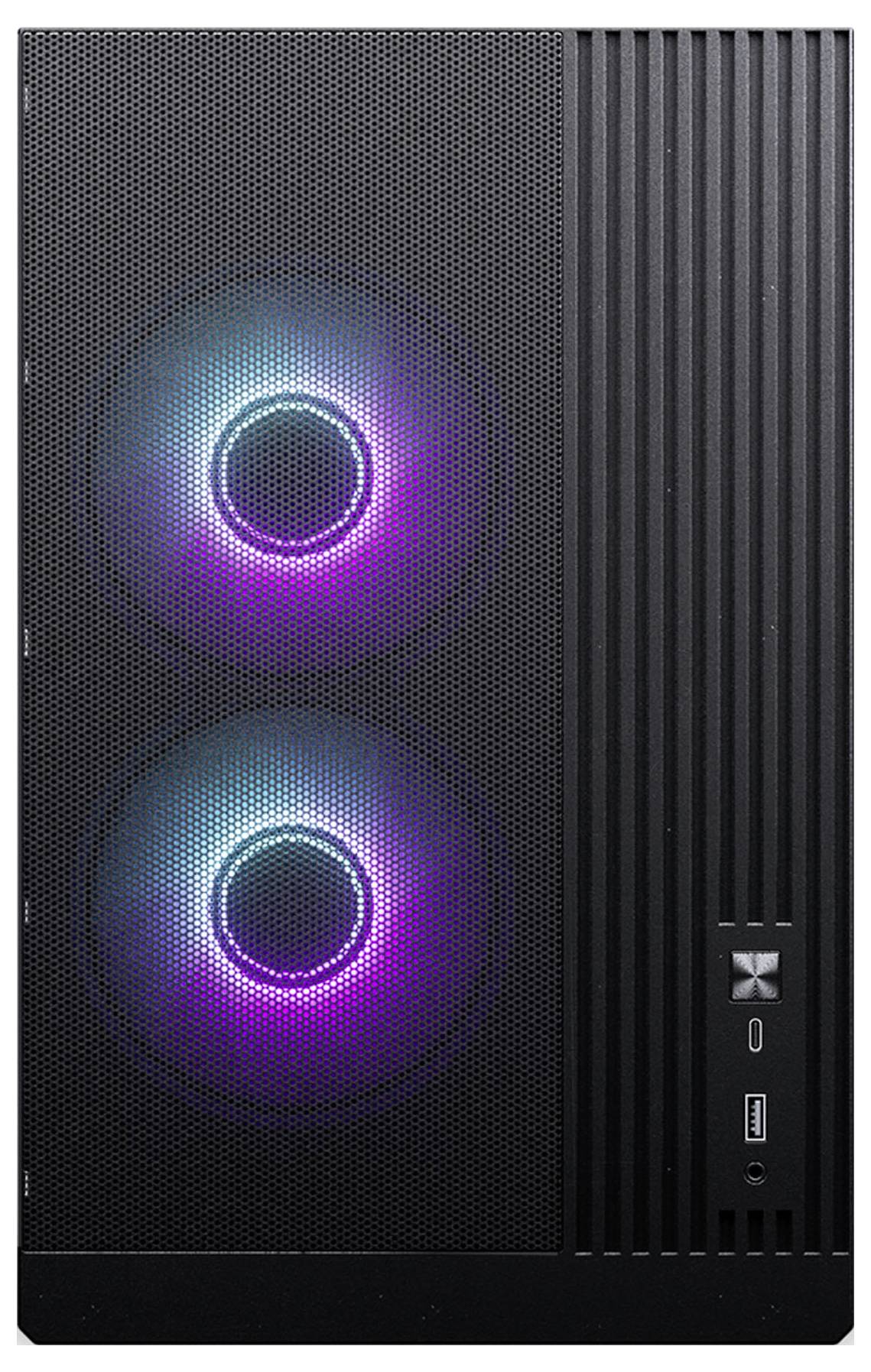 Čierny počítačový tower so štyrmi veľkými RGB ventilátormi na prednej strane, ktoré zobrazujú pestrofarebné svetlá.