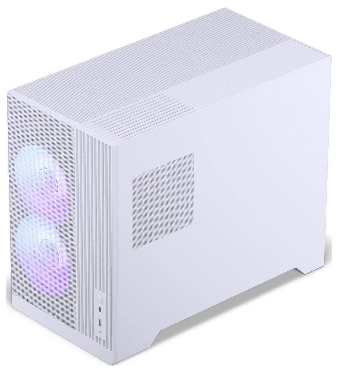Biely počítačový kryt s dvomi viditelnými chladiacimi ventilátormi na prednej strane, osvetlenými jemnými dúhovými svetlami, ktoré prezentujú moderný a minimalistický dizajn.