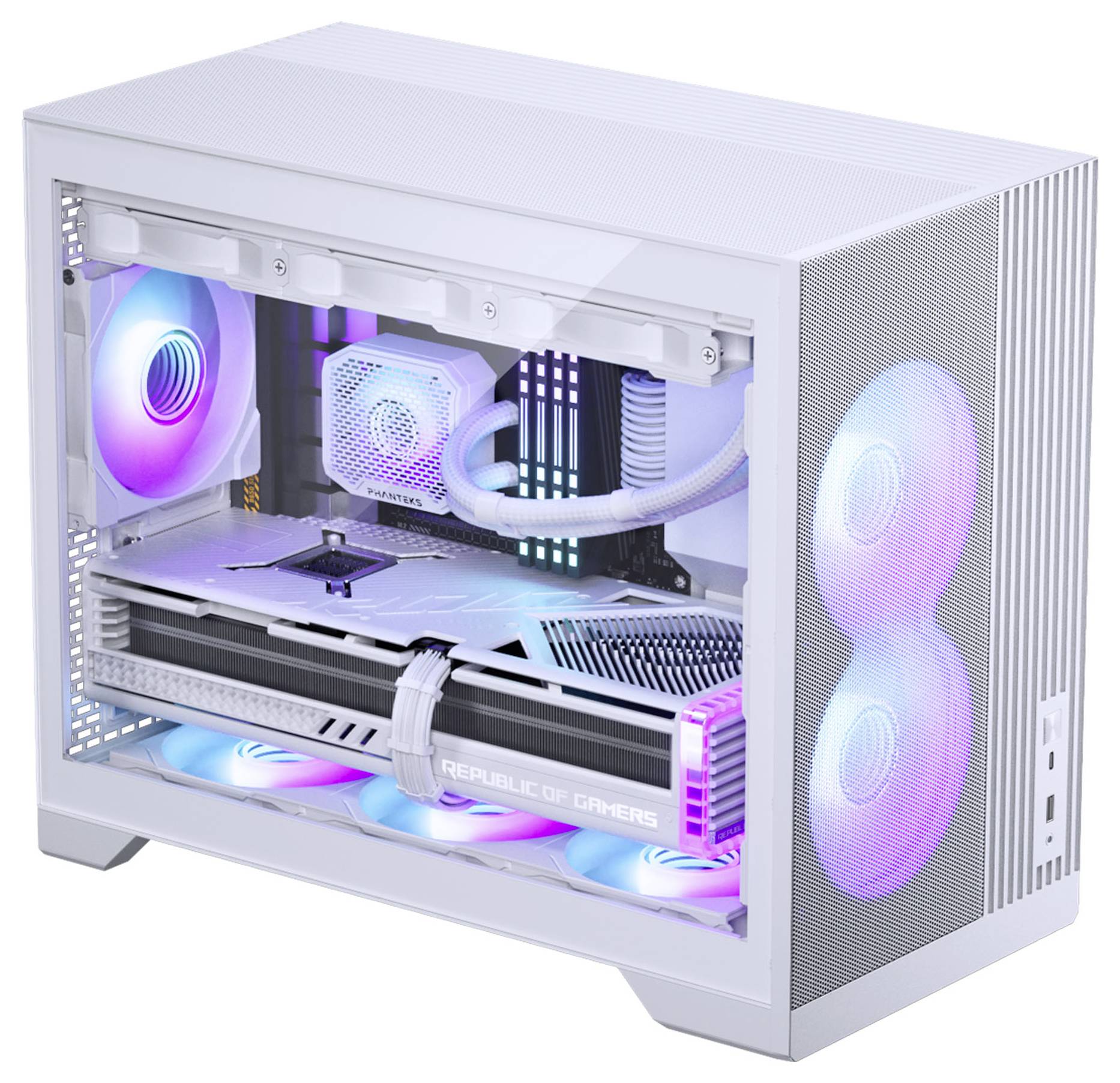 Biely herný stolový počítač s RGB podsvietením, ktorý má viacero ventilátorov, kvapalinové chladenie a viditeľnú grafickú kartu.