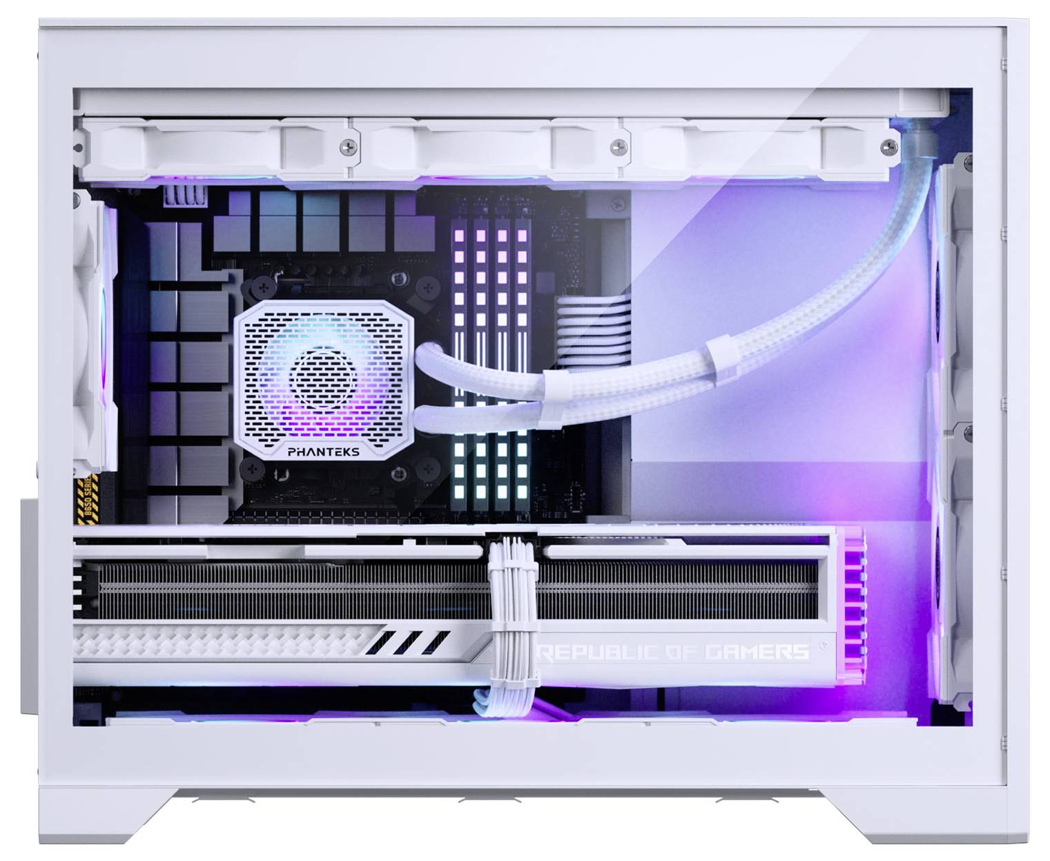 Biely počítačový tower so stolným dizajnom s RGB podsvietením zobrazuje vnútorné komponenty vrátane základnej dosky, chladiaceho systému a grafickej karty.