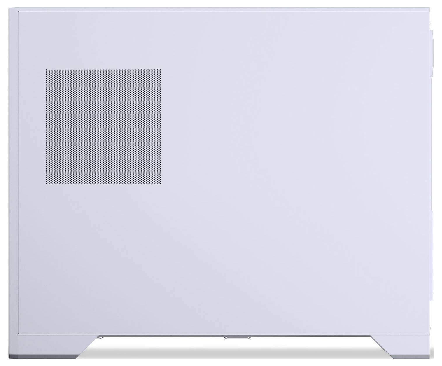 Biely počítačový kryt s ventilačným panelom z mriežky na boku, vyznačujúci sa minimalistickým dizajnom bez viditeľného brandingu alebo akýchkoľvek prvkov.