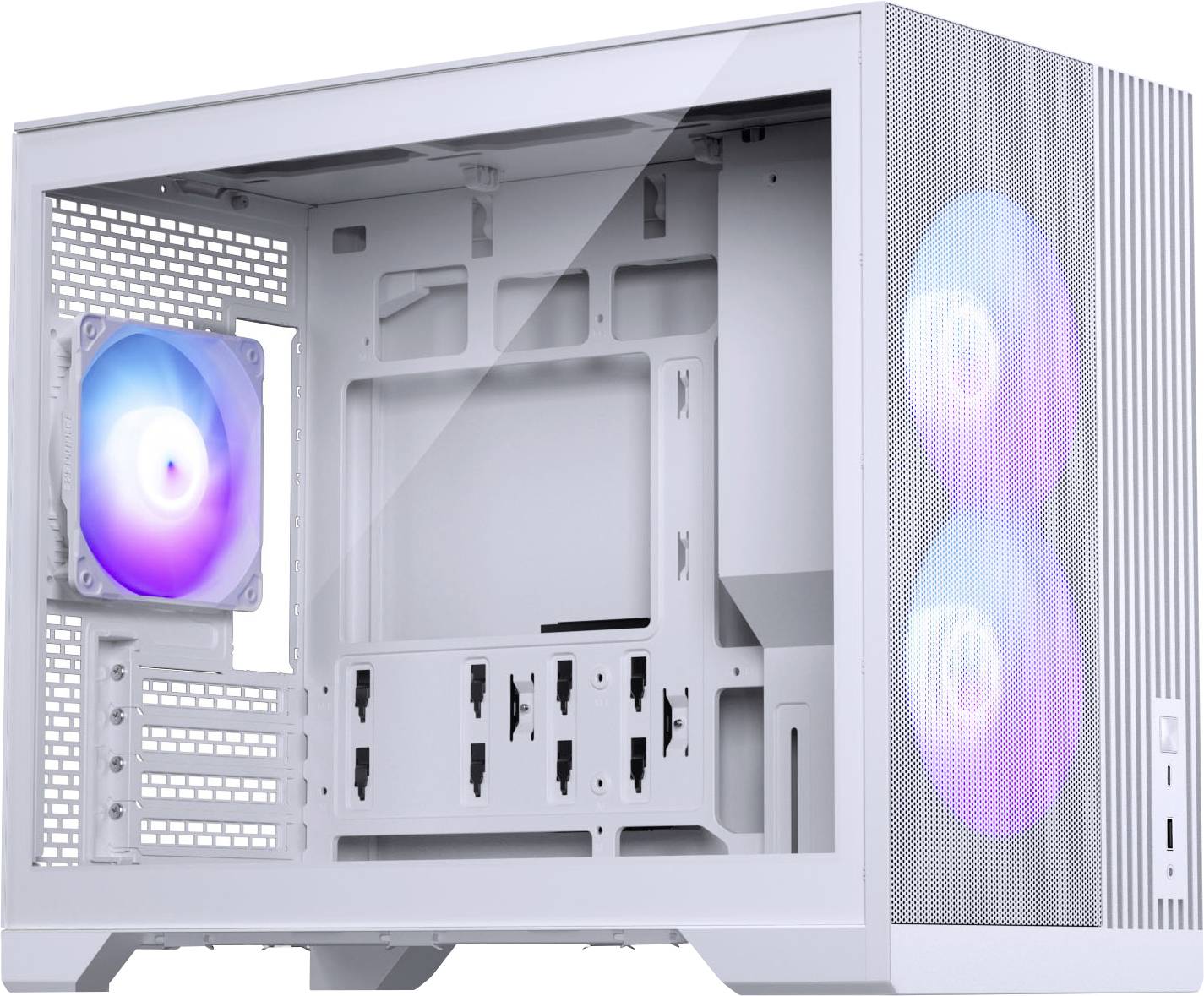 Biely počítačový kryt s dvoma RGB ventilátormi vpredu a zadným ventilátorom. Vnútro je prázdne a zobrazuje montážne priestory pre komponenty.