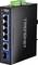 Sieťový prepínač so štyrmi ethernetovými portami a vstupom napájania, označený ako 'TRENDnet TI-G50-B11', navrhnutý pre priemyselné prostredia.