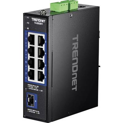 Priemyselný ethernetový prepínač s viacerými portami a značkou TRENDnet, model TI-G509I, s odolným kovovým krytom určeným do drsných prevádzkových prostredí.