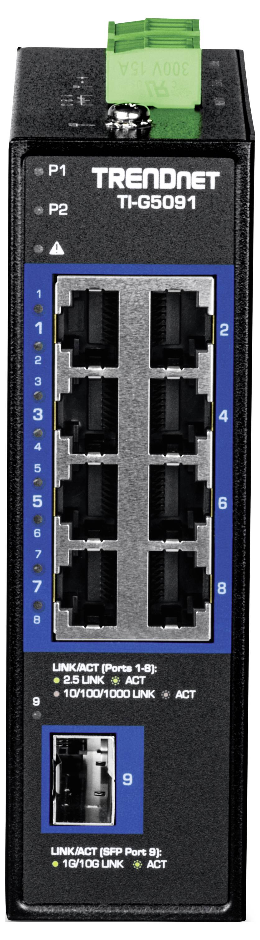 Čierny priemyselný prepínač TRENDnet TI-G509 s 8 ethernetovými portami a dodatočnými pripojeniami na spodnej strane.