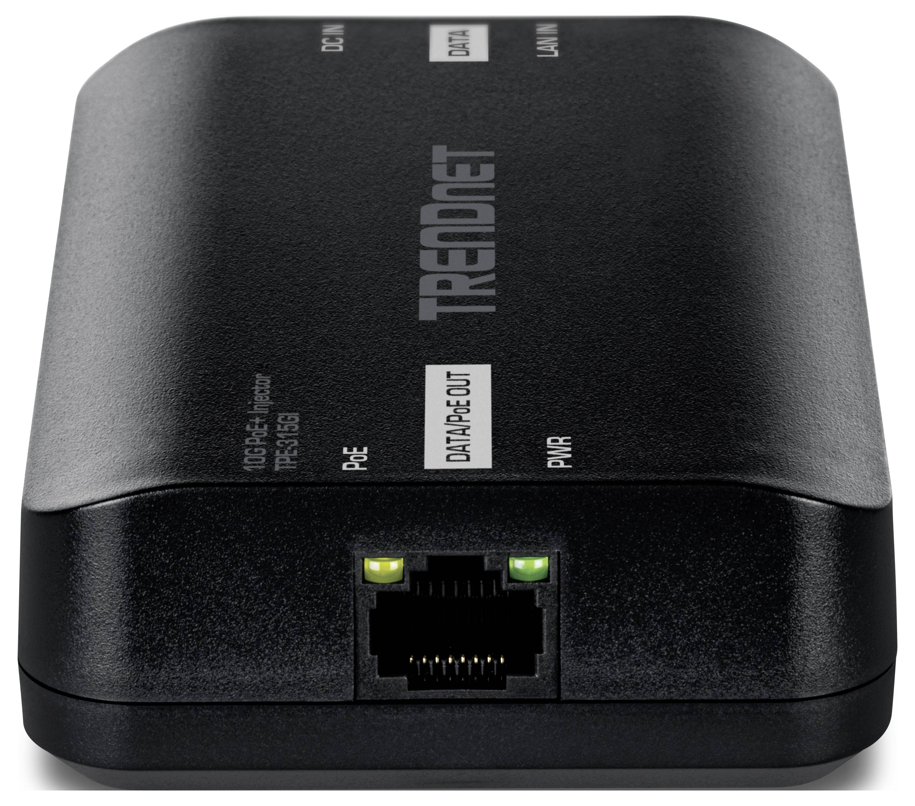 Čierny TRENDnet PoE (Power over Ethernet) injektor so signálnymi svetlami, ethernetovým portom a označenými sekciami pre napájacie a dátové pripojenia.