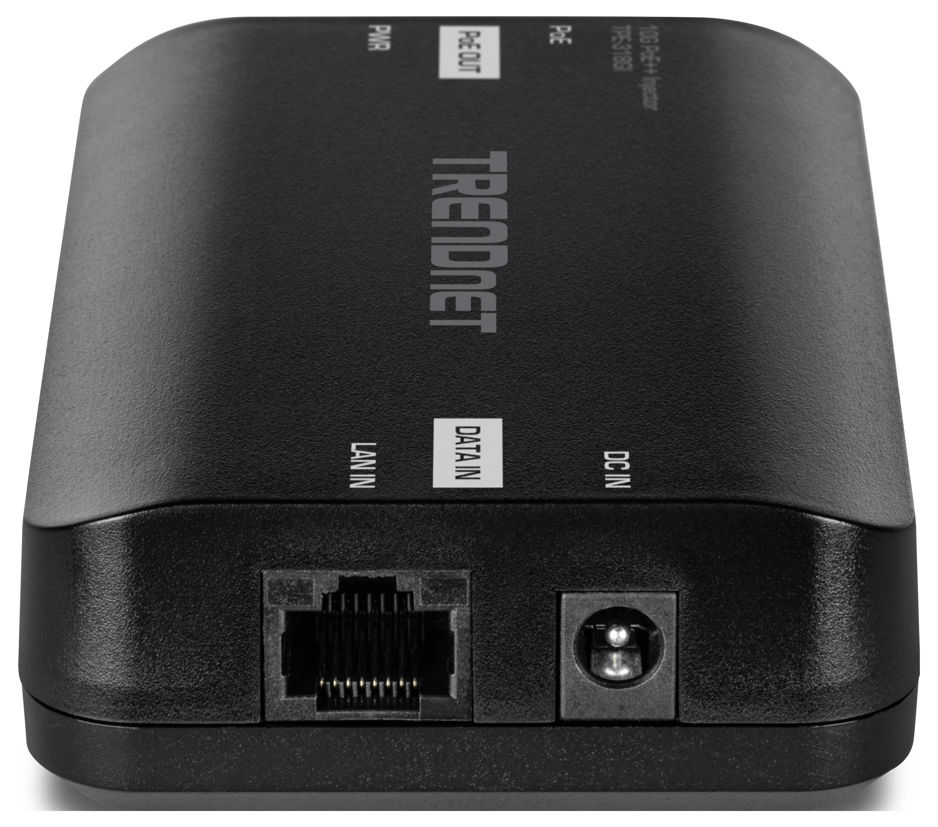 Obdĺžnikový TRENDnet PoE rozdeľovač s LAN a DC-IN portmi zobrazenými na boku.