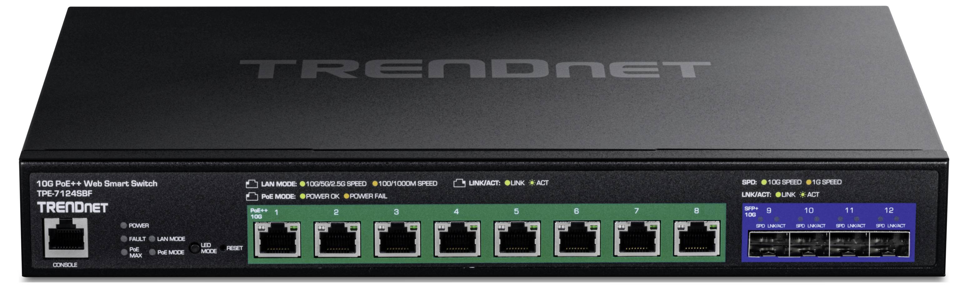 Čierny sieťový prepínač TRENDnet 10G Fiber Web Smart s viacerými ethernetovými portami vrátane piatich RJ-45 portov a ôsmich SFP+ slotov na prednej strane.
