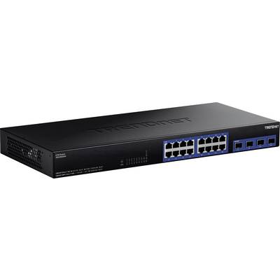 Sieťový prepínač so šestnástimi ethernetovými portami a štyrmi optickými pripojeniami na prednom paneli. Názov značky je viditeľný na vrchu.