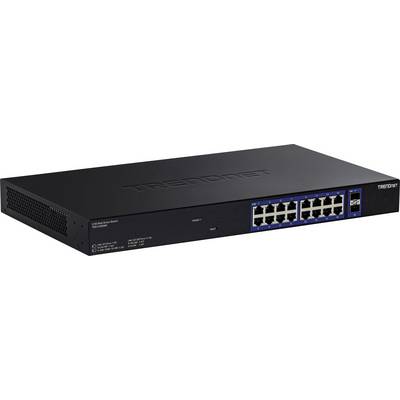Čierny sieťový prepínač TRENDnet s 16 ethernetovými portami a LED indikátormi na prednom paneli, určený na rozšírenie sieťových pripojení.