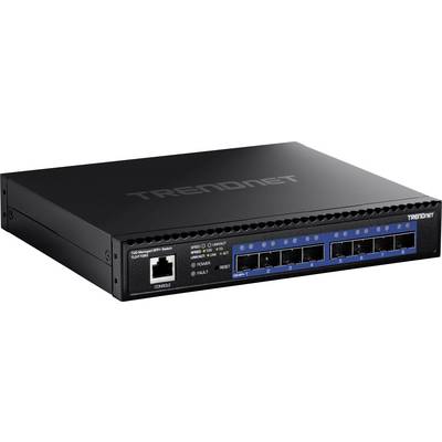 Čierny sieťový prepínač s viacerými portmi označenými pre optické pripojenia a jeden ethernetový port vľavo, zobrazujúci indikačné svetlá.
