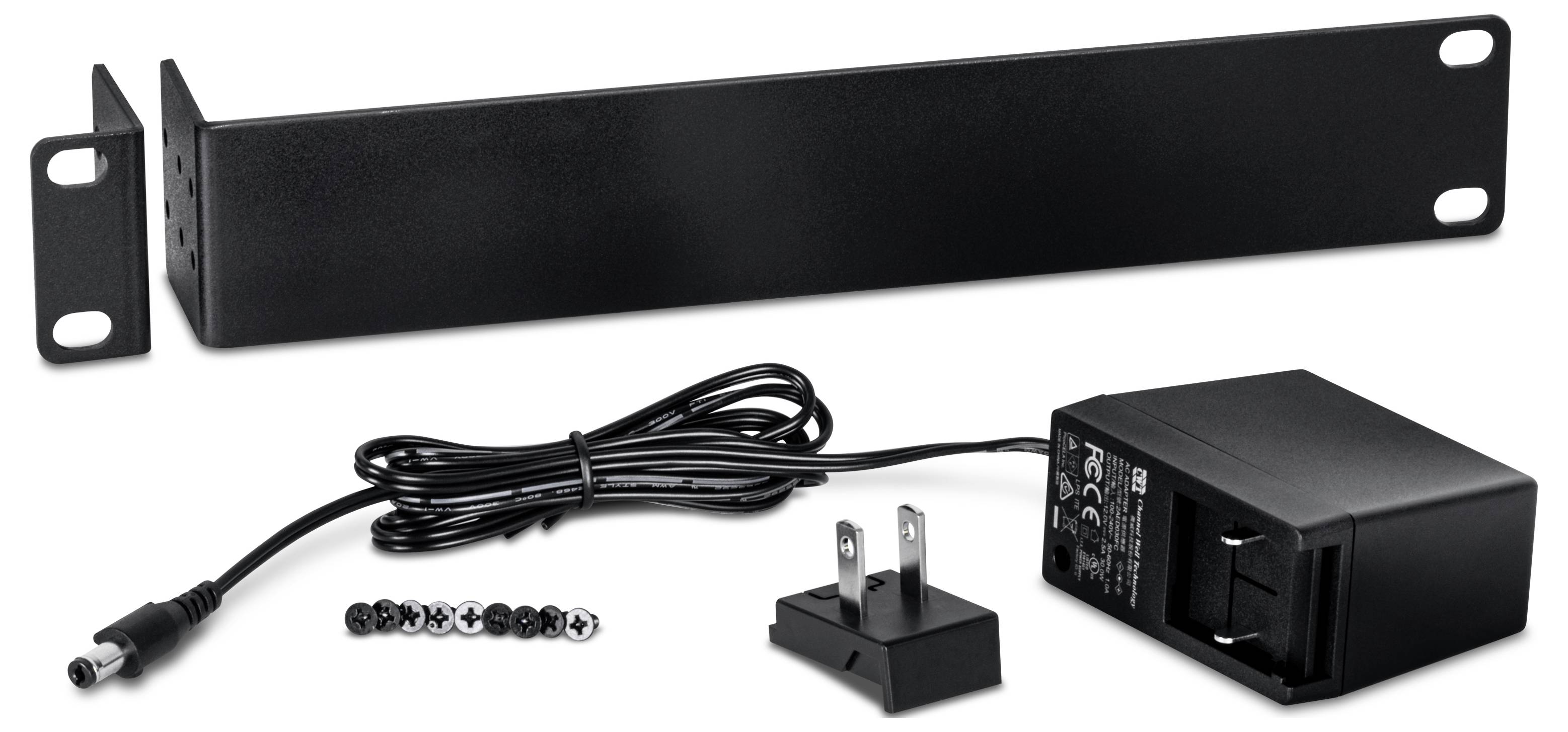 Napájací adaptér s vidlicou, káblom, montážnou konzolou a skrutkami, vhodný pre elektronické zariadenia vyžadujúce bezpečnú inštaláciu.