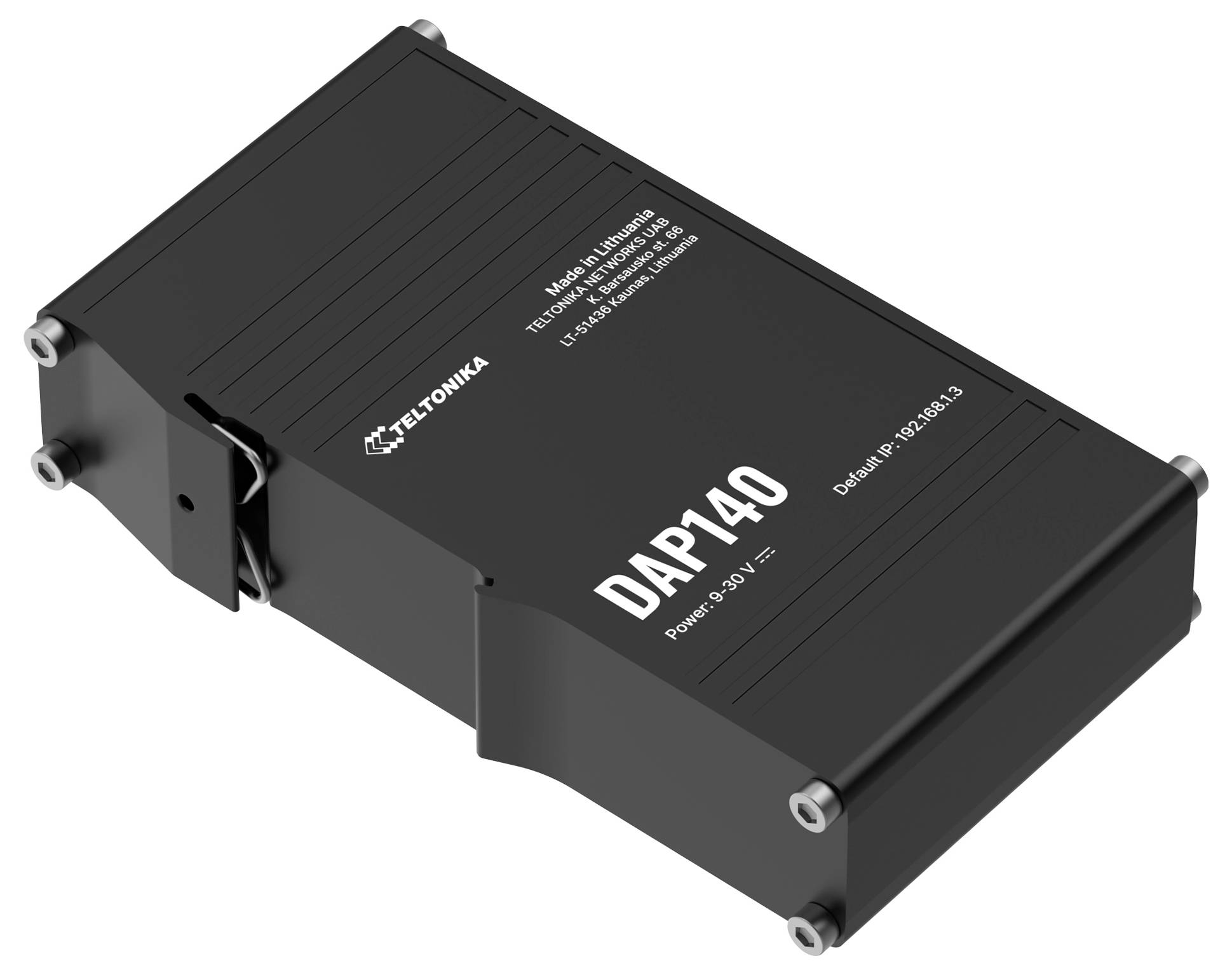 Obdĺžnikové elektronické zariadenie označené ako 'TELTONIKA DAP140', používané na správu napájania, s portmi na boku pre pripojenie.
