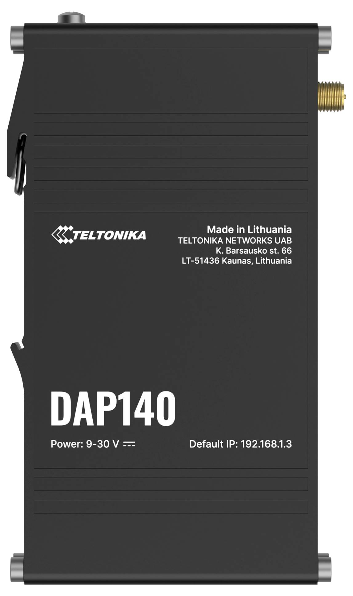 'Zariadenie Teltonika DAP140, čierny externý dizajn, s napájacími detailmi 9-30 V a predvolenou IP adresou 192.168.1.3, vyrobené v Litve, adresa uvedená."