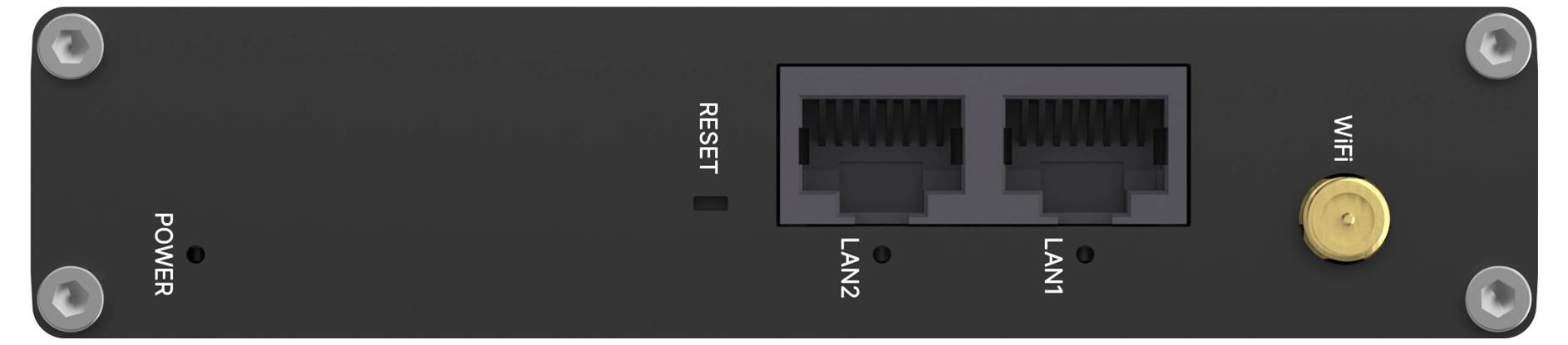 Obrázok znázorňuje čierny sieťový zariadenie panel s portmi pre 'LAN1', 'LAN2', tlačidlo 'RESET' a anténny konektor pre 'WiFi'.