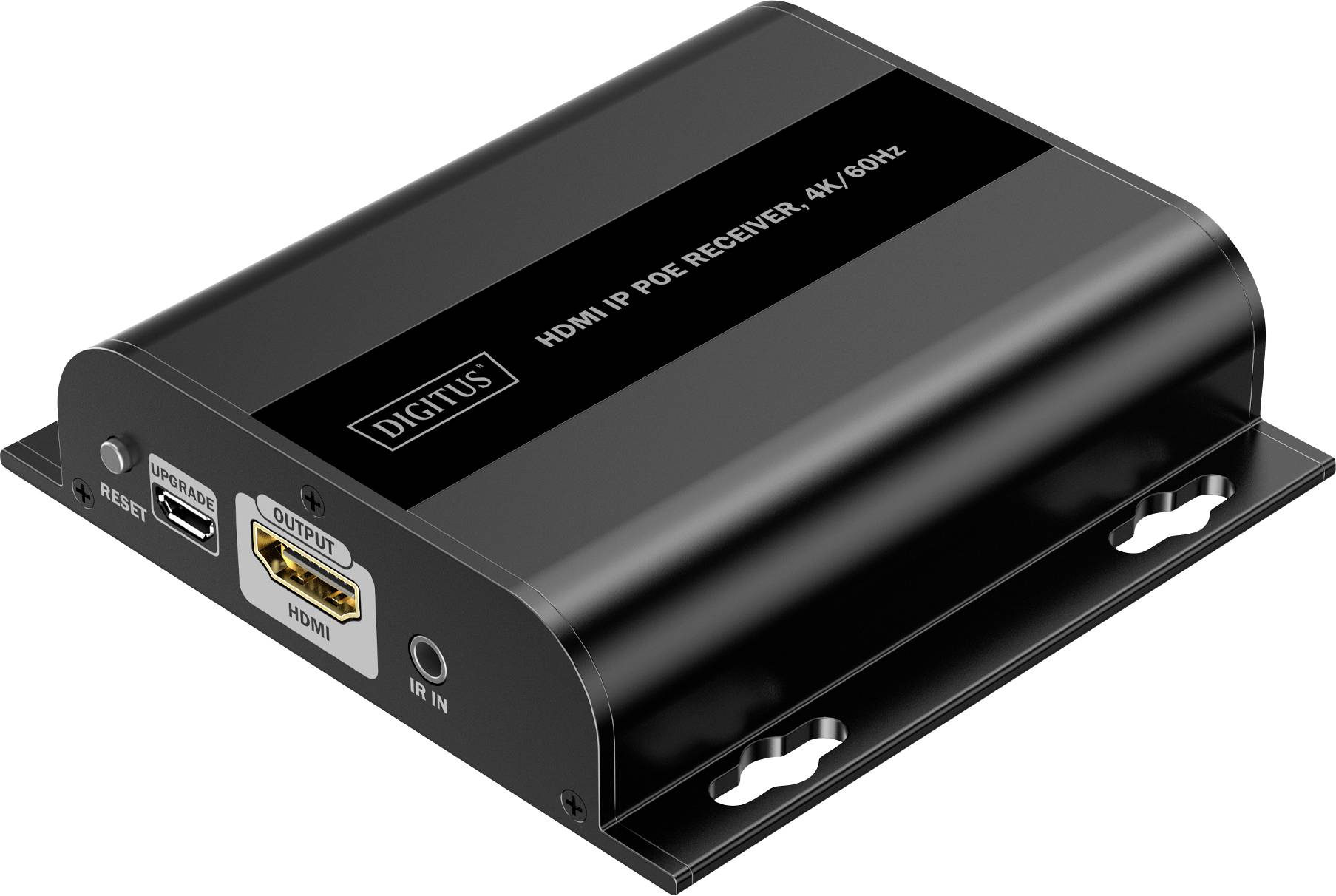 HDMI IP POE prijímač s podporou 4K/60Hz, vybavený HDMI výstupom a resetovacím tlačidlom, určený pre prenos vysokorozlíšiteľného videa.