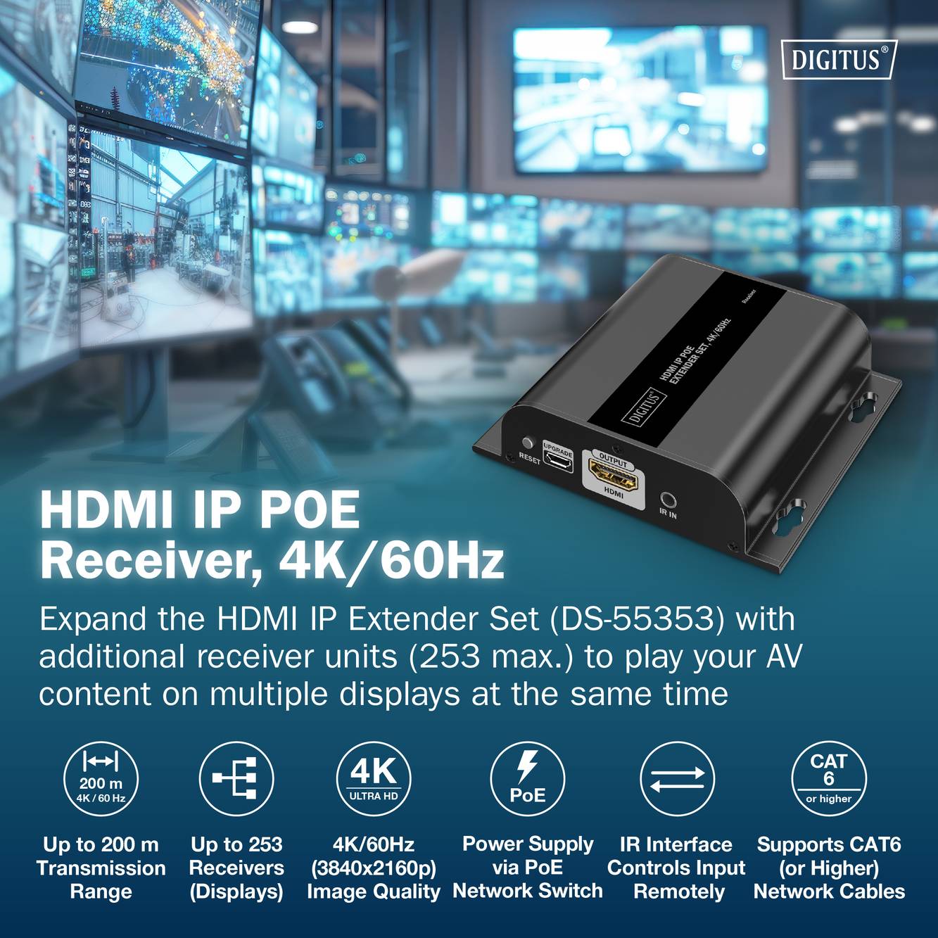 'HDMI IP POE prijímač, 4K/60Hz, podporuje až 253 zariadení, dosah až 200 m, rozlíšenie 4K, napájanie cez POE, kompatibilný s CAT 6 sieťovými káblami.'